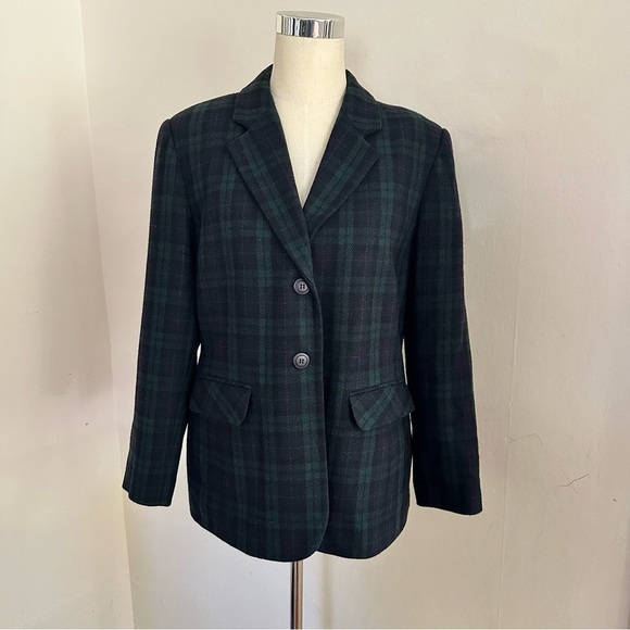 Vintage Sag Harbor Black Watch Plaid Blazer Wool Blend Jacket Petite Sz L Preppy - Picture 2 of 9